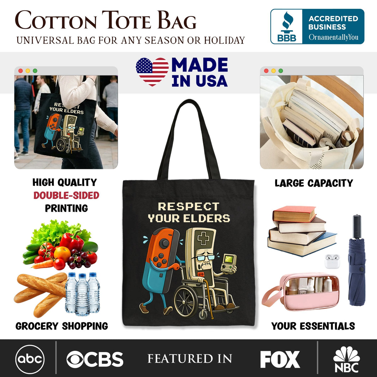 Respect Your Elders Gaming Controller Tote Bag, Old School Gamer Humor Gift Shopper