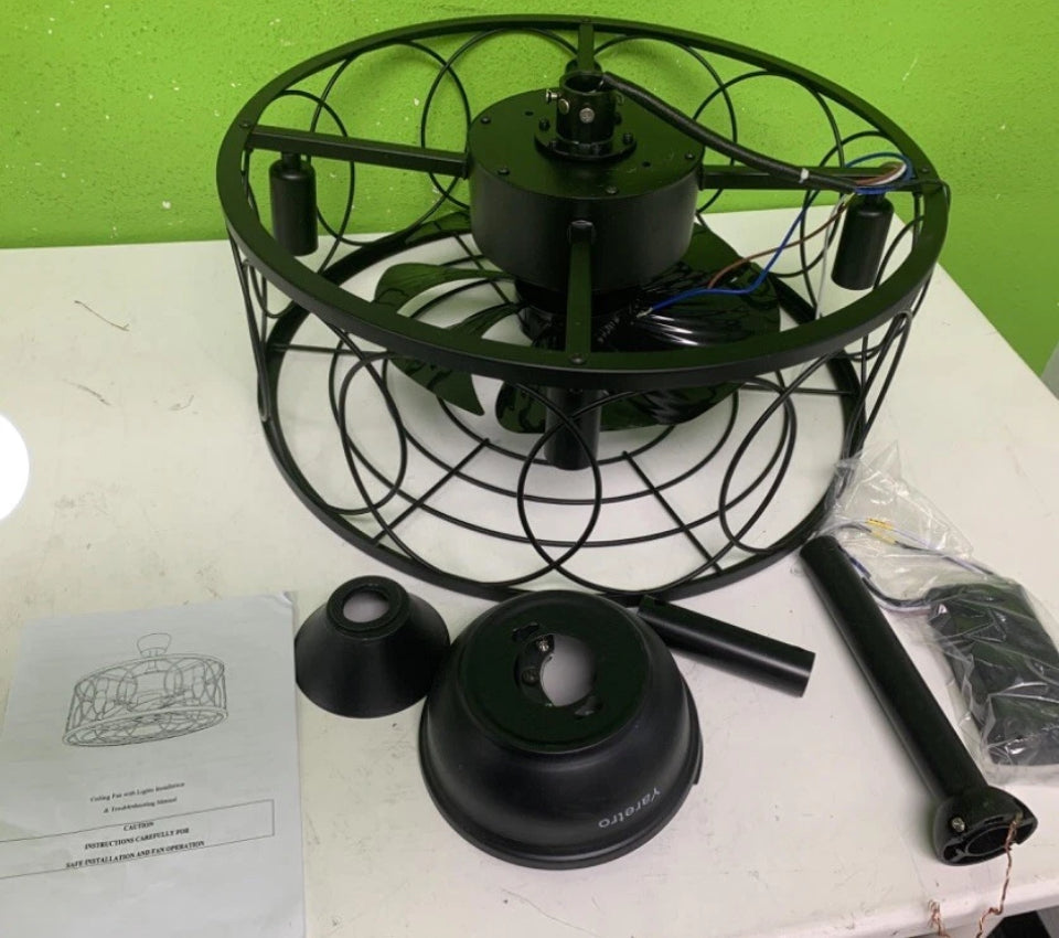 Open Box New Yaretro Caged Ceiling Fan with Lights Industrial Enclosed Blades