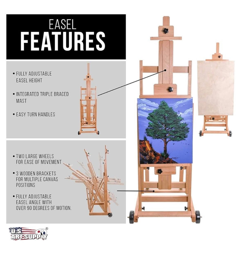 Open Box U.S. Art Supply Mastel Multi-Function Studio Artist Wooden Floor Easel - Large Adjustable H-Frame, Tilts Flat, Mast Adjusts to 97" High - Stu