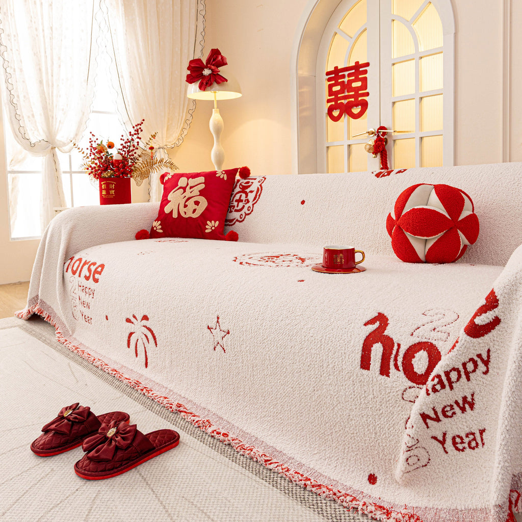 Chinese New Year Sofa Throw Cover Blanket, Decor Festive Red Fu Pattern Couch Cover