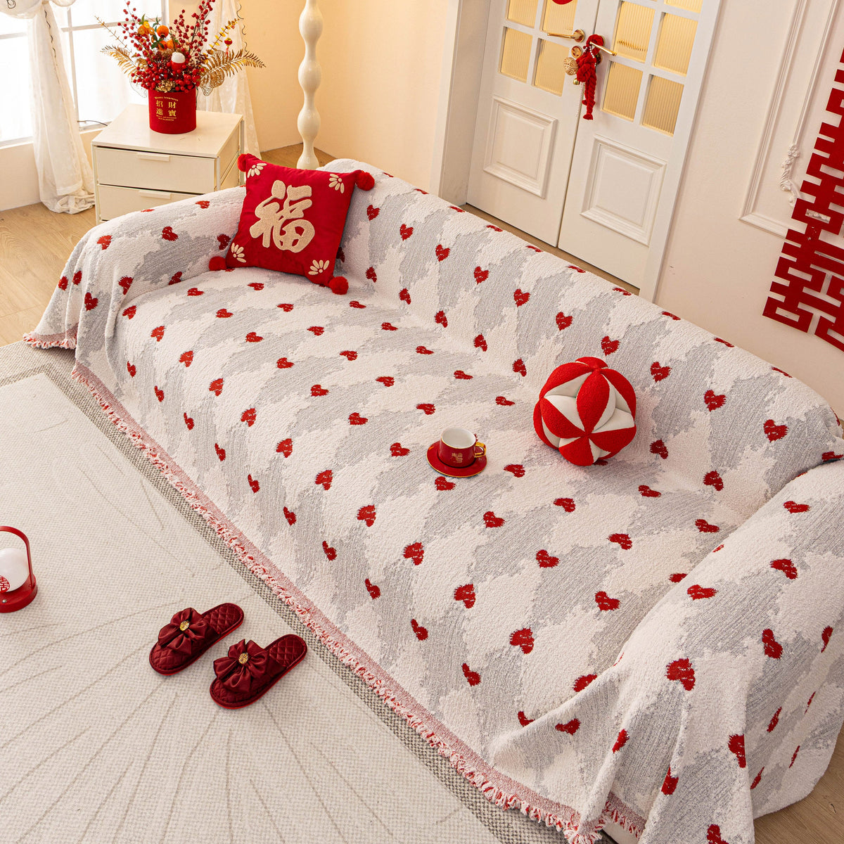 Chinese New Year Sofa Throw Cover Blanket, Decor Festive Red Fu Pattern Couch Cover