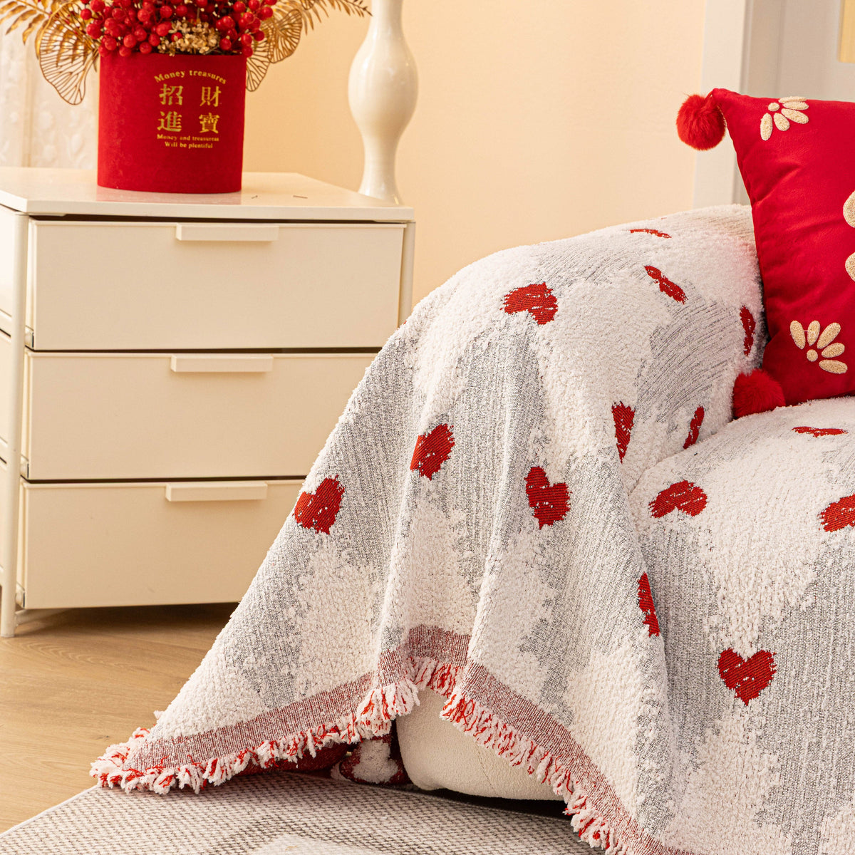 Chinese New Year Sofa Throw Cover Blanket, Decor Festive Red Fu Pattern Couch Cover