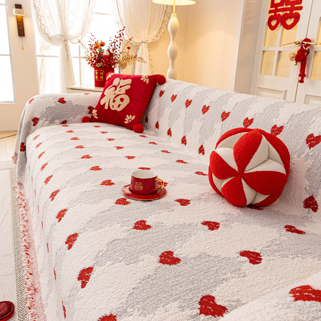 Chinese New Year Sofa Throw Cover Blanket, Decor Festive Red Fu Pattern Couch Cover