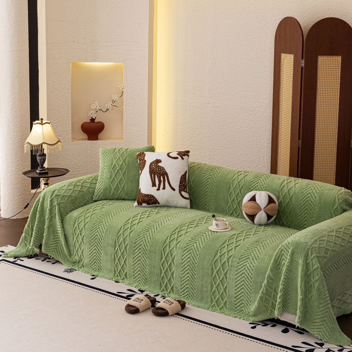 Plush Fleece Sofa Cover with 3D Cable Knit Texture Soft Cozy Warm Sofa Throw Blanket