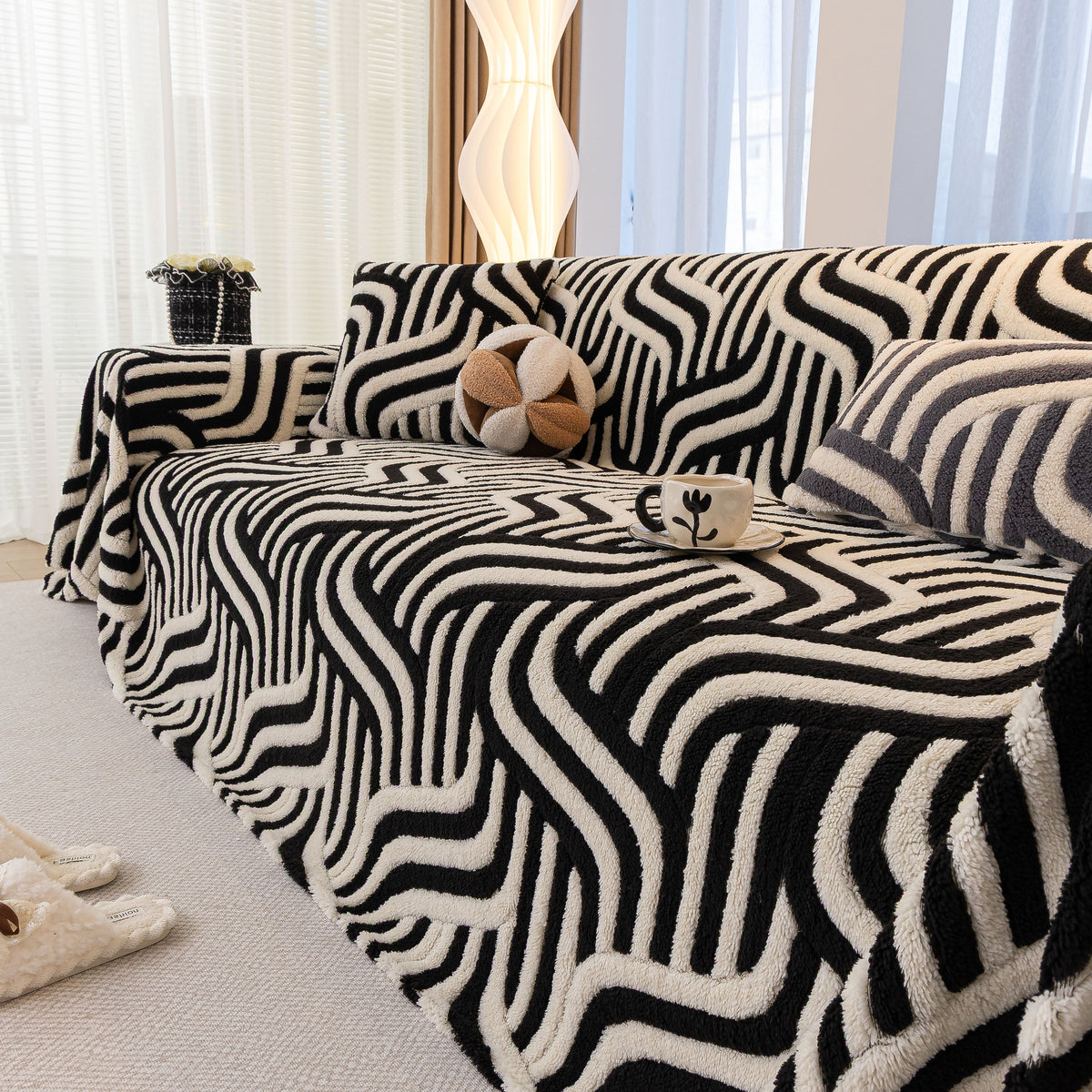 Plush Sherpa Sofa Throw Cover for Sectional, Jacquard Wave Throw Furniture Protector