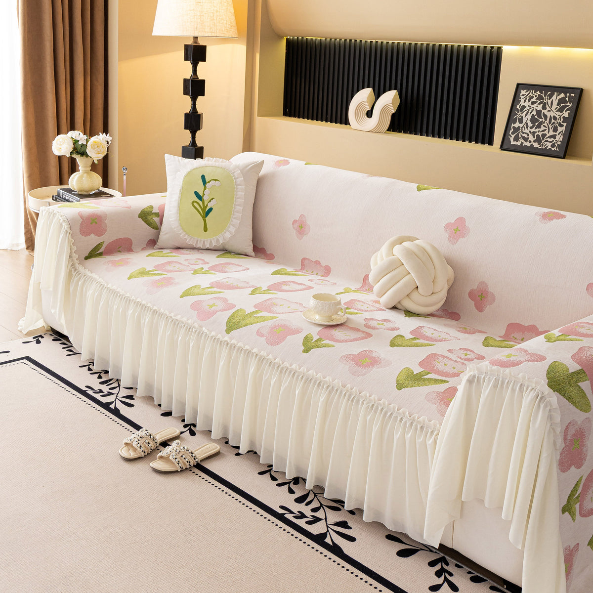 Ruffled Sweet Floral Sofa Cover with Skirt, Soft and Decorative Couch Throw Cover
