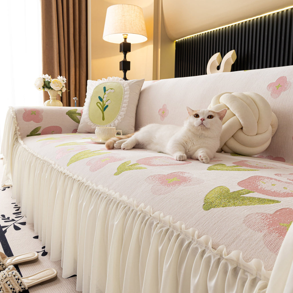 Ruffled Sweet Floral Sofa Cover with Skirt, Soft and Decorative Couch Throw Cover