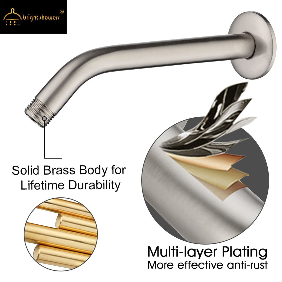 10 Inch Solid Brass Shower Head Extension Arm, Wall Mounted Shower Pipe Arm