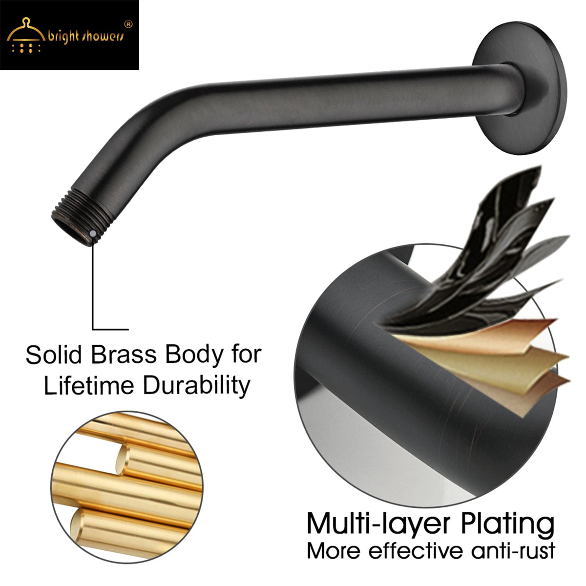 10 Inch Solid Brass Shower Head Extension Arm, Wall Mounted Shower Pipe Arm