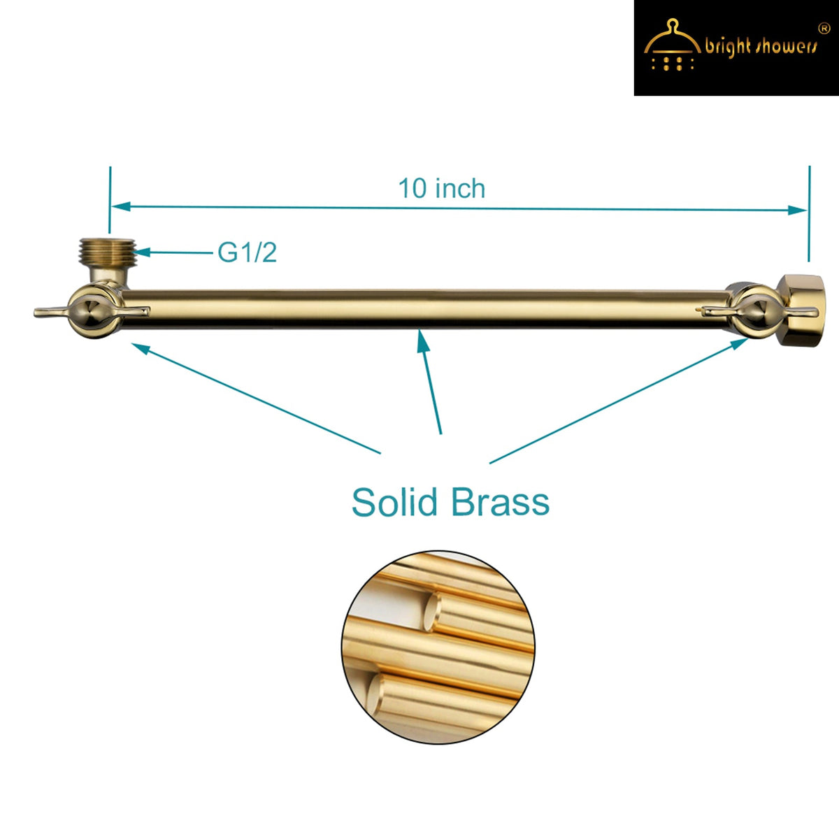 10 Inch Brass Shower Head Extension Arm, Height & Angle Adjustable