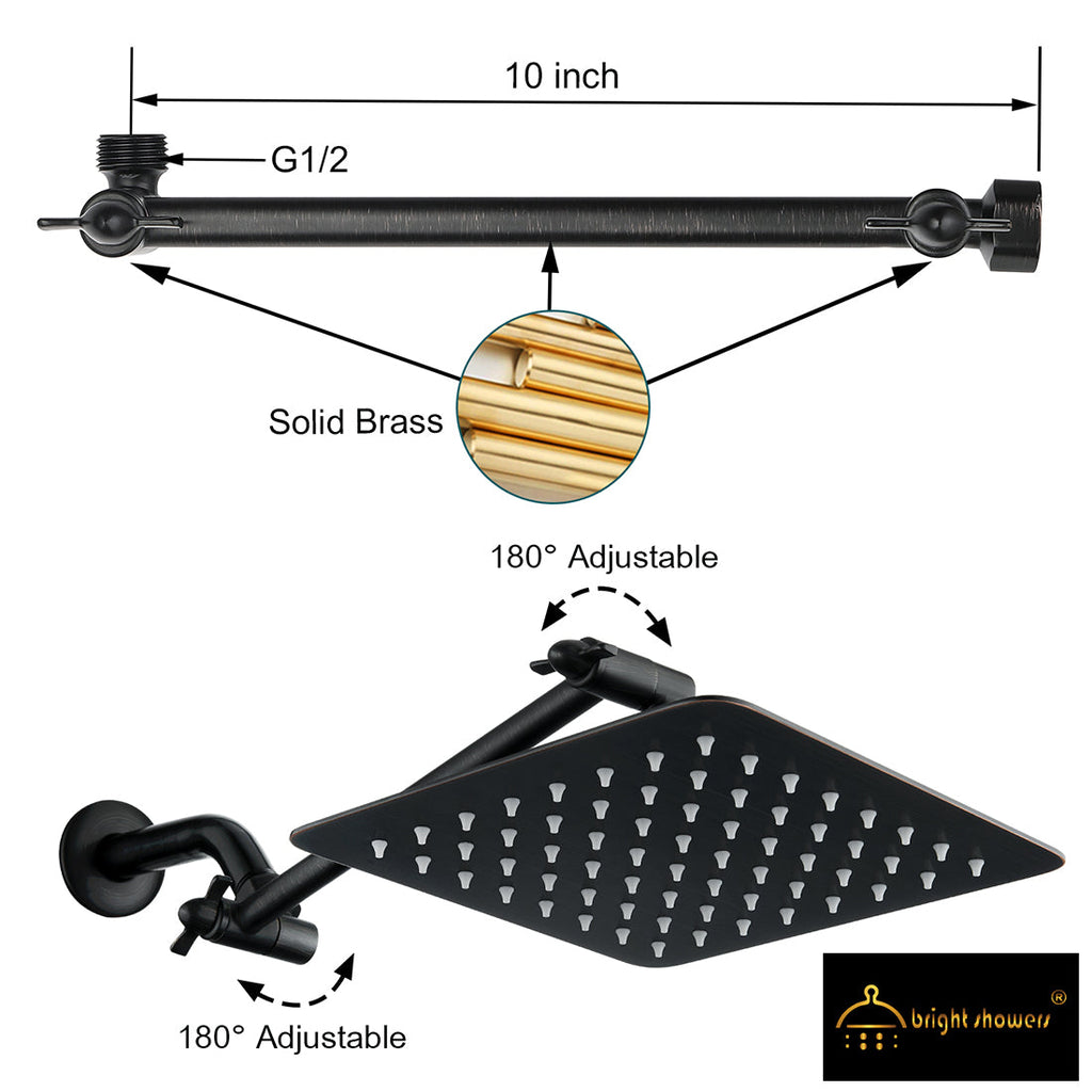 8 Inch Square Rainfall Showerhead with 10 Inch Adjustable Extension Arm