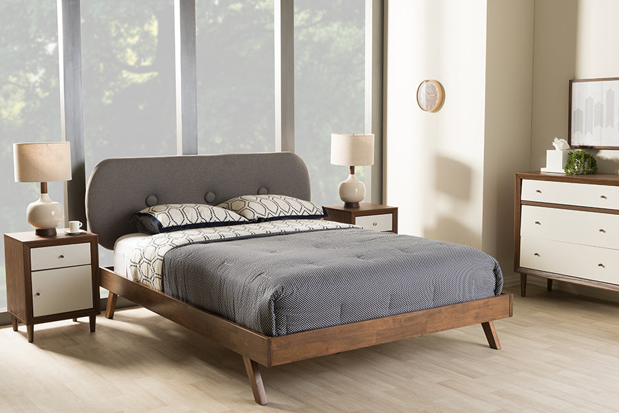 Baxton Studio Penelope Mid-Century Modern Solid Walnut Wood Grey Fabric Upholstered Queen Size Platform Bed
