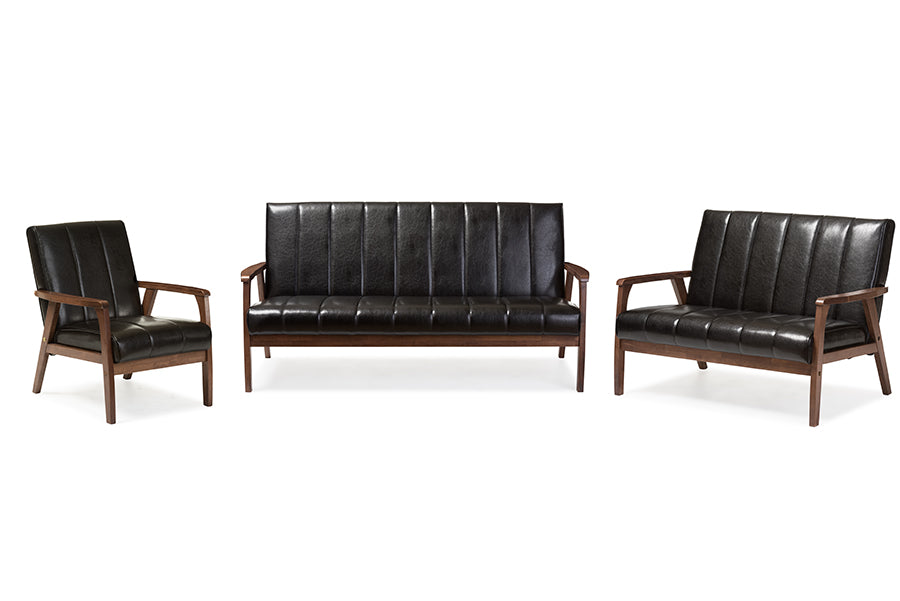 Baxton Studio Nikko Mid-century Modern Scandinavian Style Black Faux Leather 3 Pieces Living Room Sets