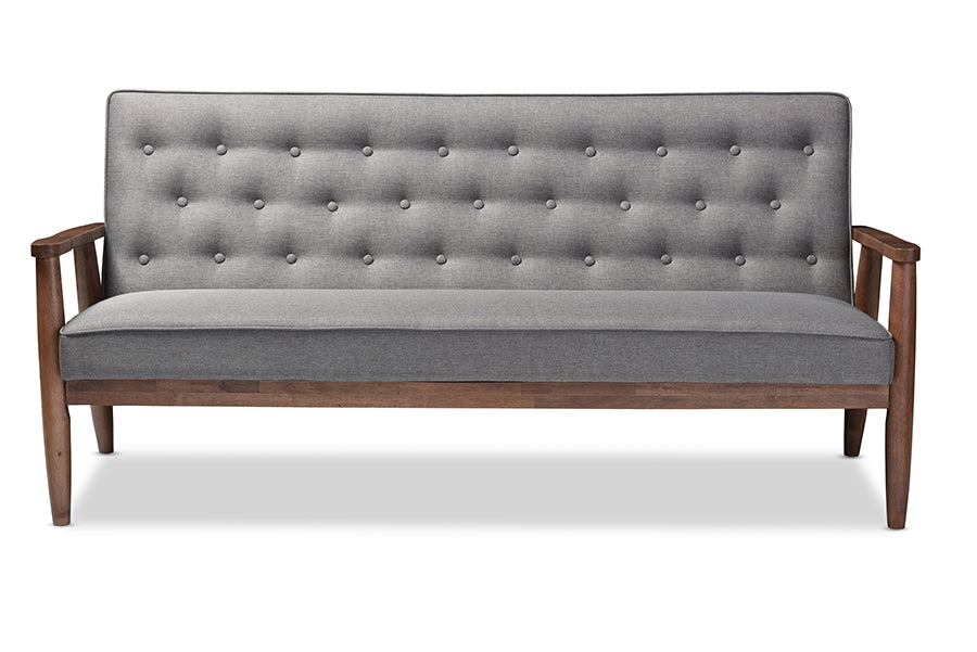 Baxton Studio Sorrento Mid-century Retro Modern Grey Fabric Upholstered Wooden 3-seater Sofa