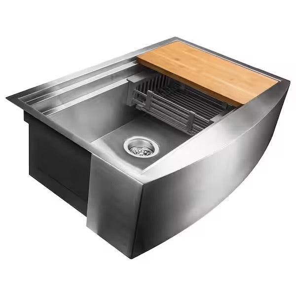 Open Box AKDY Handmade Farmhouse Apron Front 33 in. x 22 in. Single Bowl Stainless Steel Workstation Kitchen Sink with Accessories