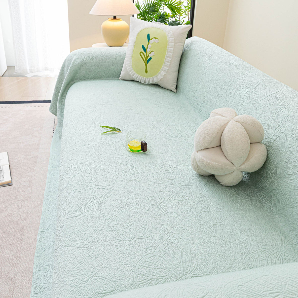 Cooling Embossed Botanical Couch Cover, Soft Ice Silk Furniture Protector for Sofa