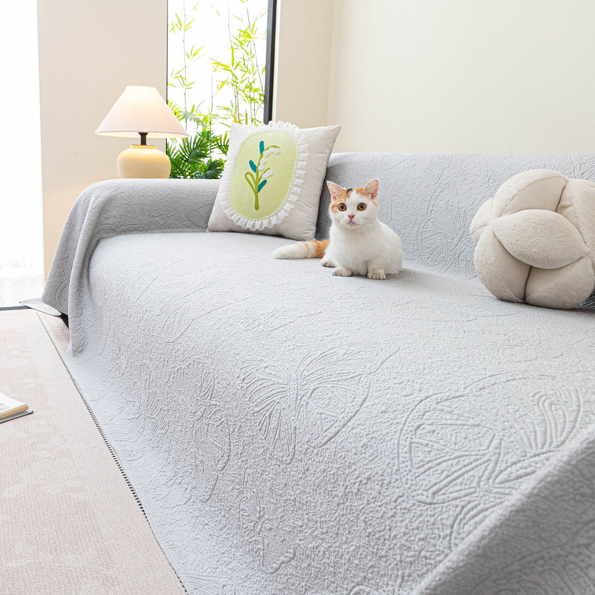 Cooling Embossed Botanical Couch Cover, Soft Ice Silk Furniture Protector for Sofa