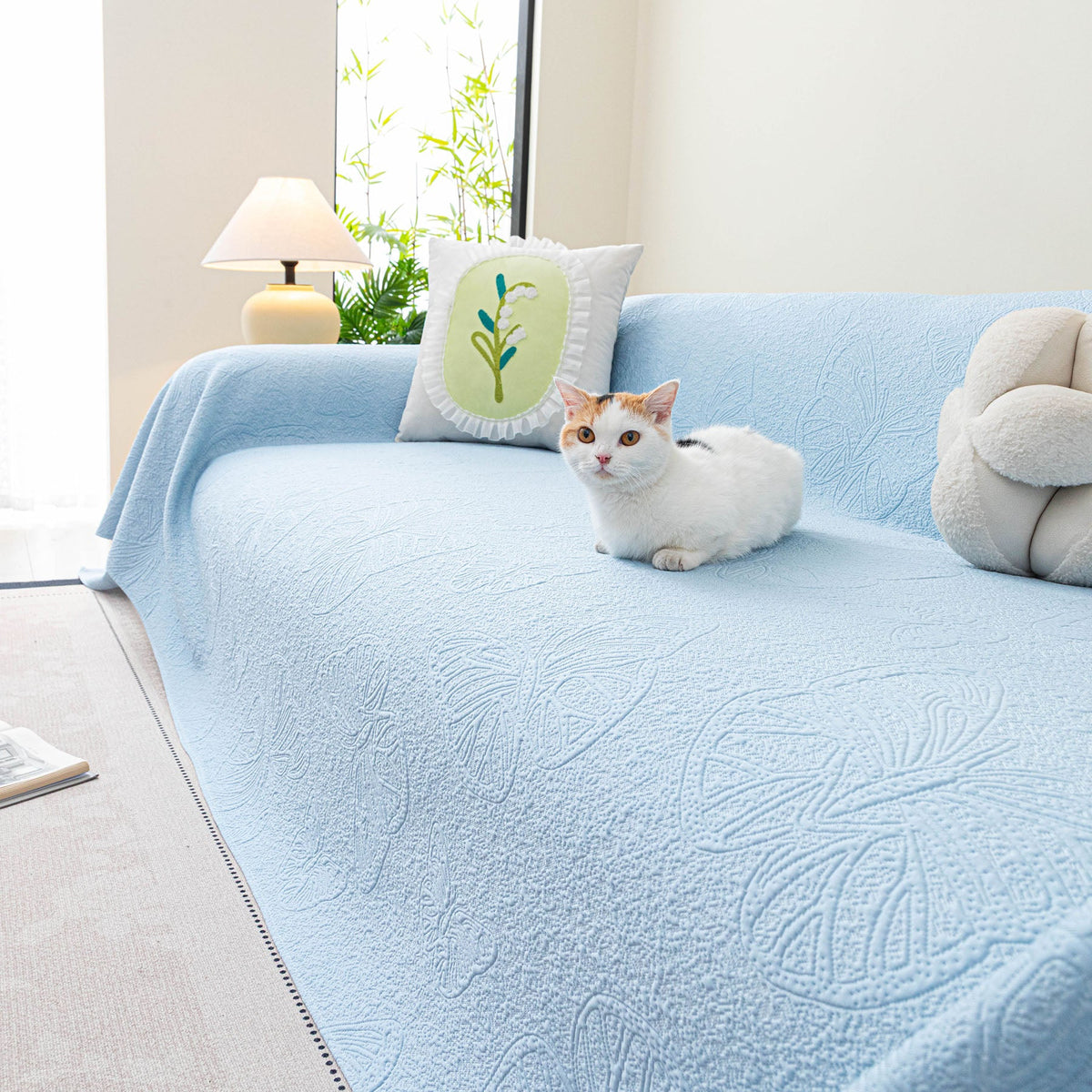 Cooling Embossed Botanical Couch Cover, Soft Ice Silk Furniture Protector for Sofa