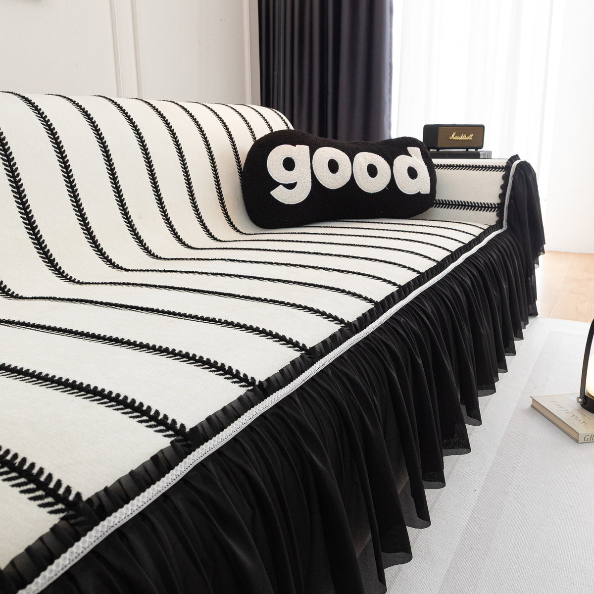 Leaf Stripe Sofa Cover with Black Sheer Skirt, Boho Soft Couch Slipcover for Pets