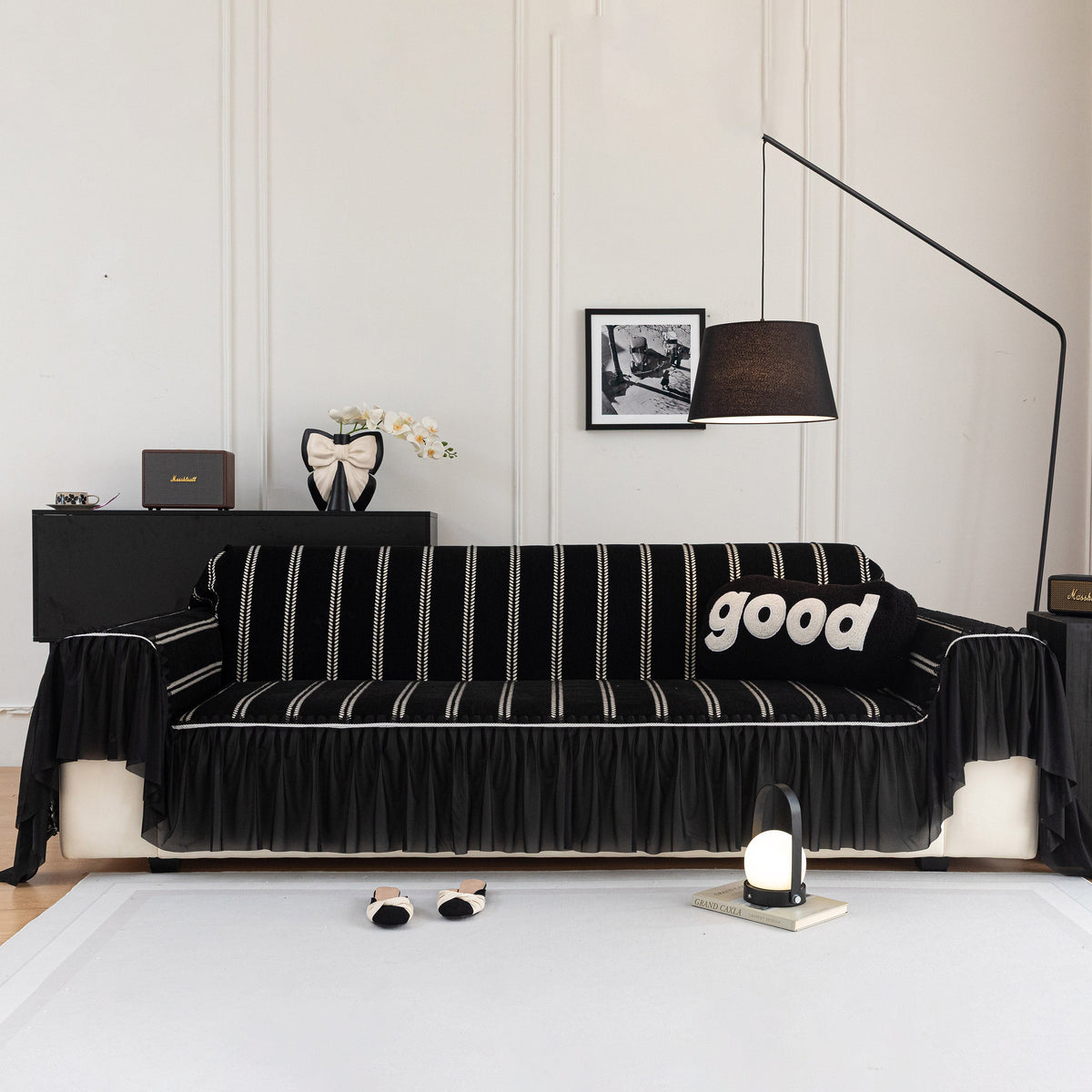 Leaf Stripe Sofa Cover with Black Sheer Skirt, Boho Soft Couch Slipcover for Pets