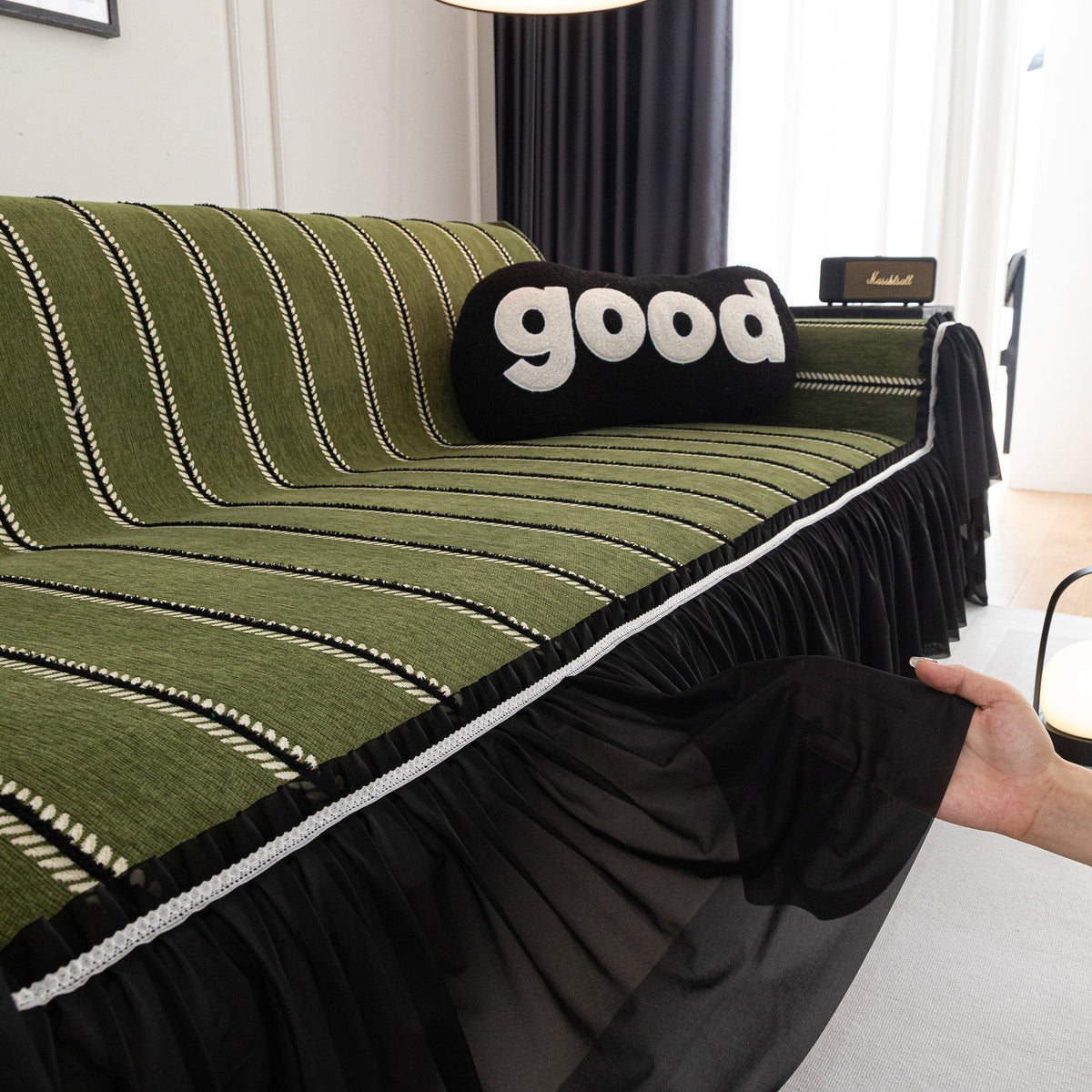 Leaf Stripe Sofa Cover with Black Sheer Skirt, Boho Soft Couch Slipcover for Pets
