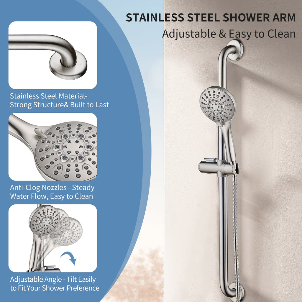 Stainless Steel Slide Bar Grab Rail Set  Includes Handheld Shower Head and 69'' Hose