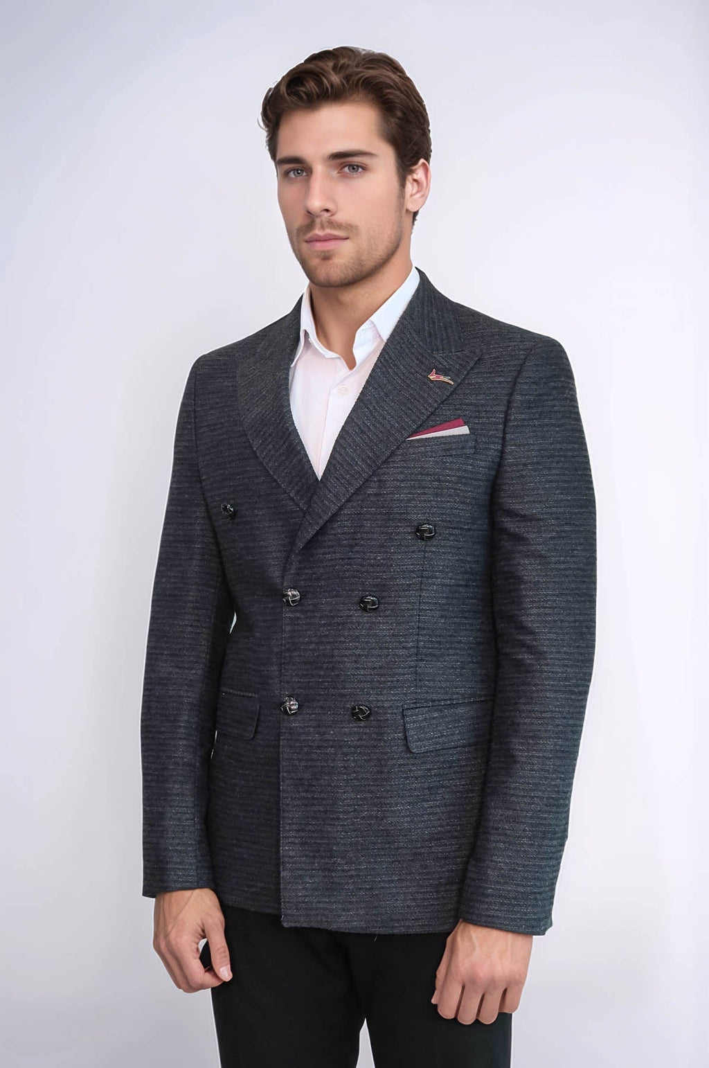 Double Breasted Slim Fit Navy Blue Blazer - Wessi