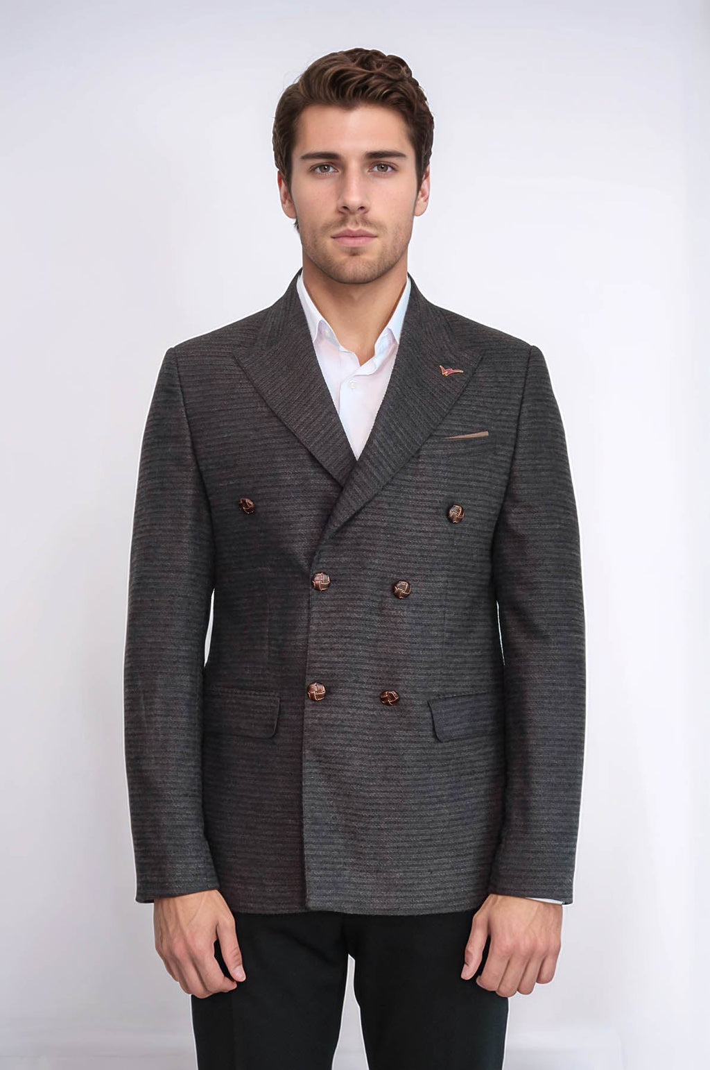 Double Breasted Slim Fit Brown Blazer - Wessi