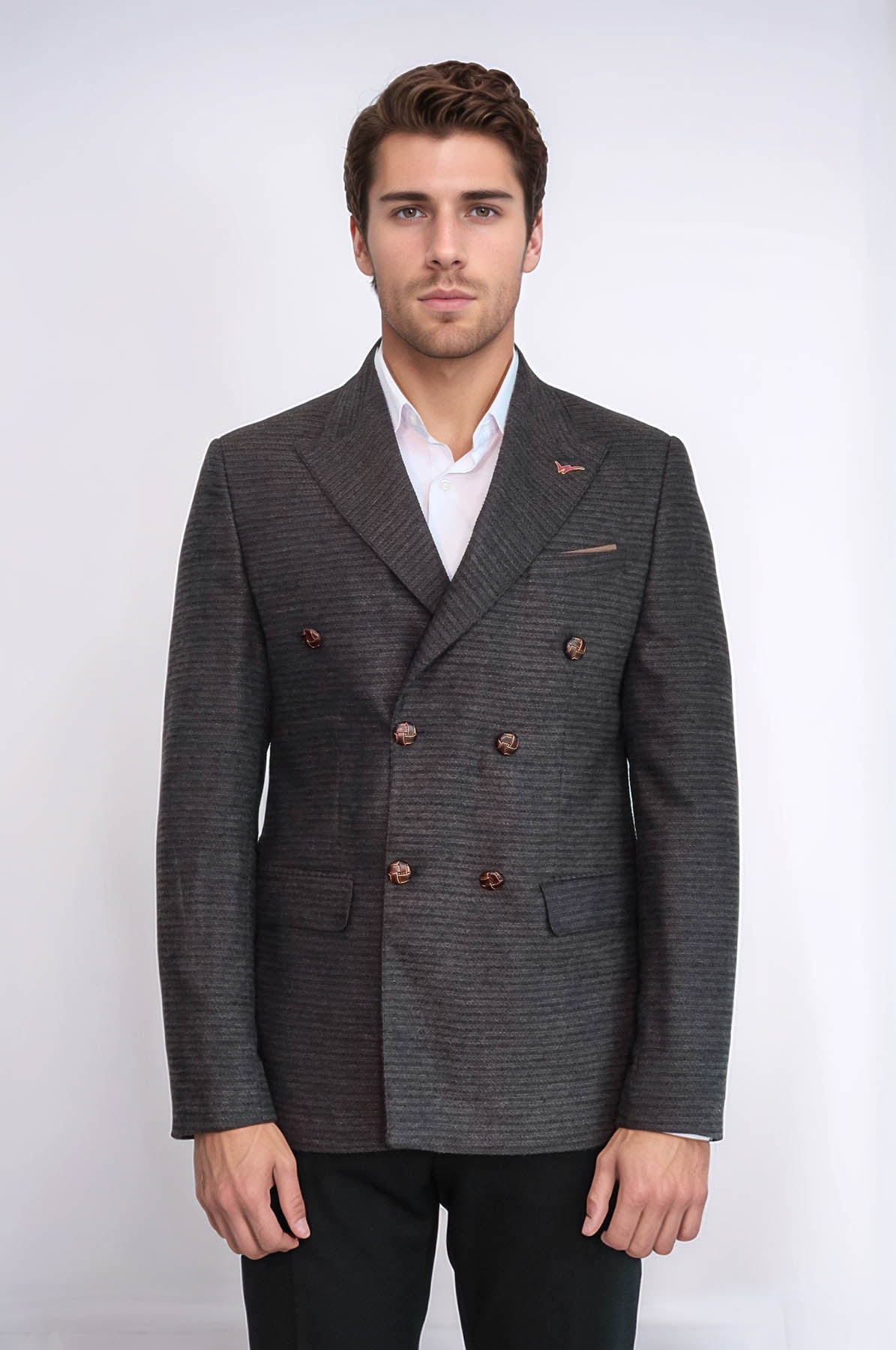 Double Breasted Slim Fit Brown Blazer - Wessi