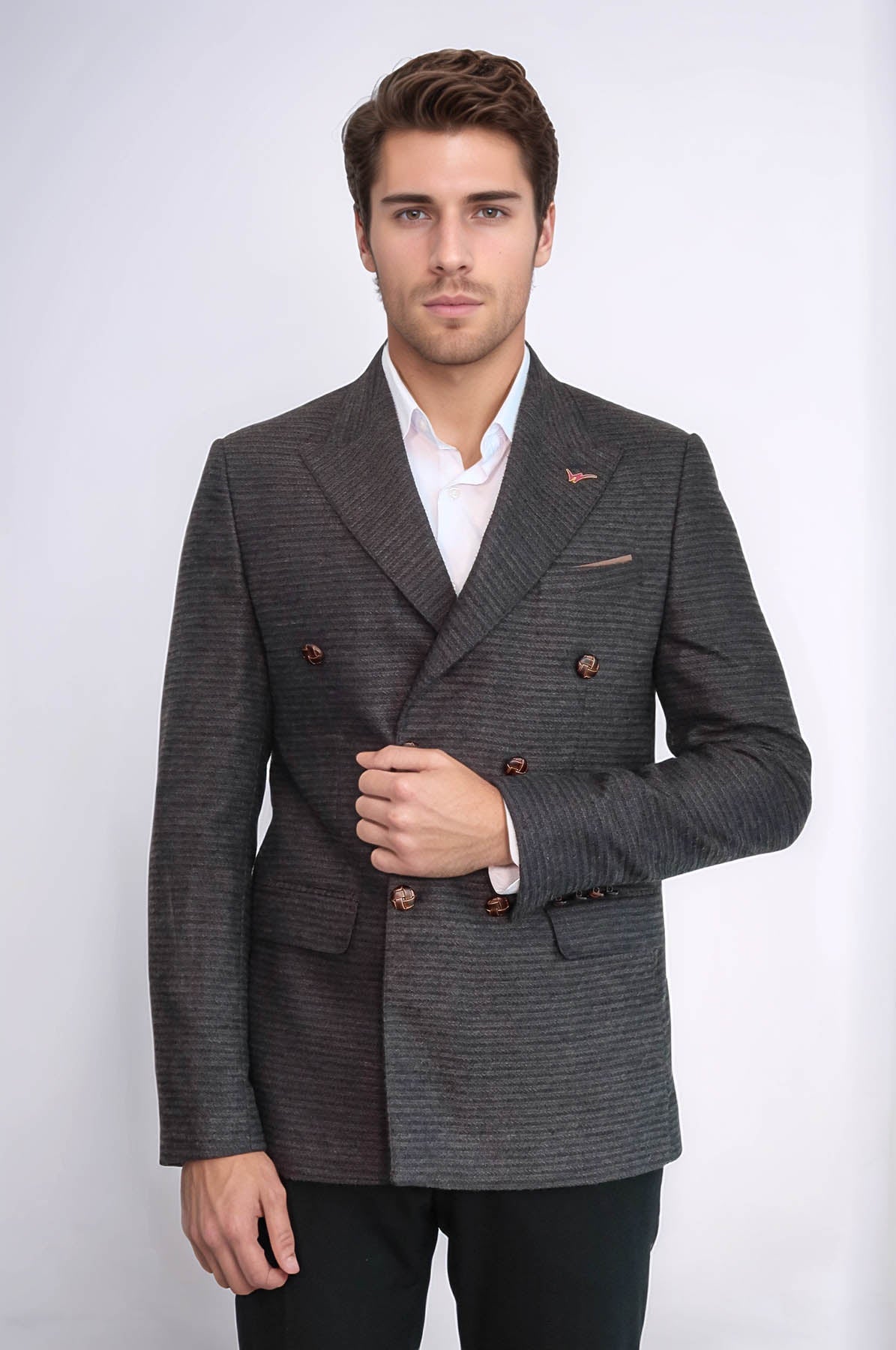 Double Breasted Slim Fit Brown Blazer - Wessi