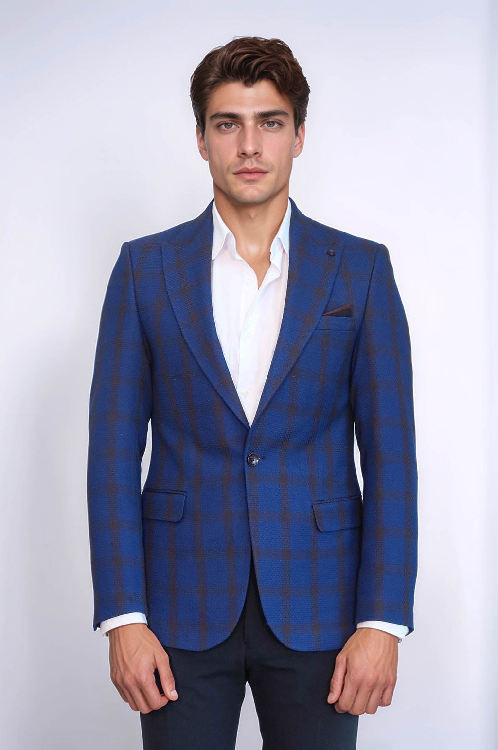 Double Breasted Pointed Collar Plaid Bast Blue Jacket-Wessi