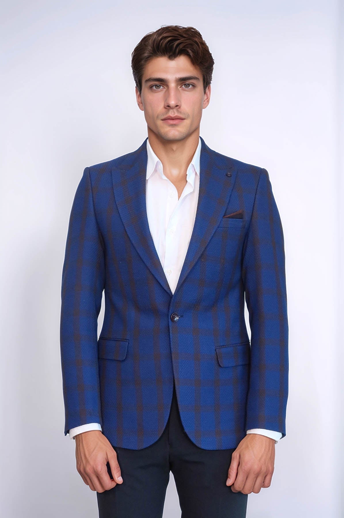 Double Breasted Pointed Collar Plaid Bast Blue Jacket-Wessi