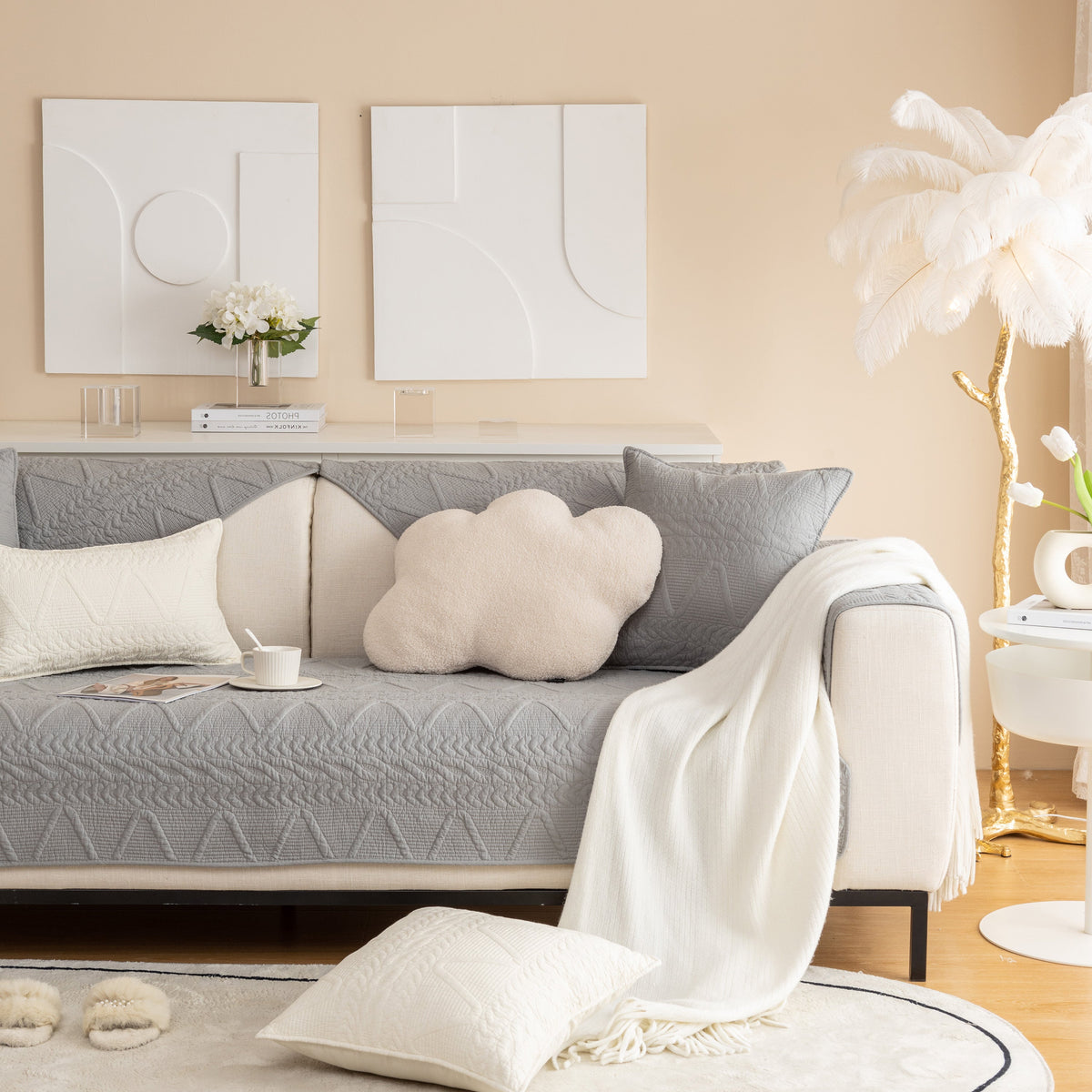 Geometric Textured Cotton Quilted Sofa Cover, Non-Slip Washable Couch Protector