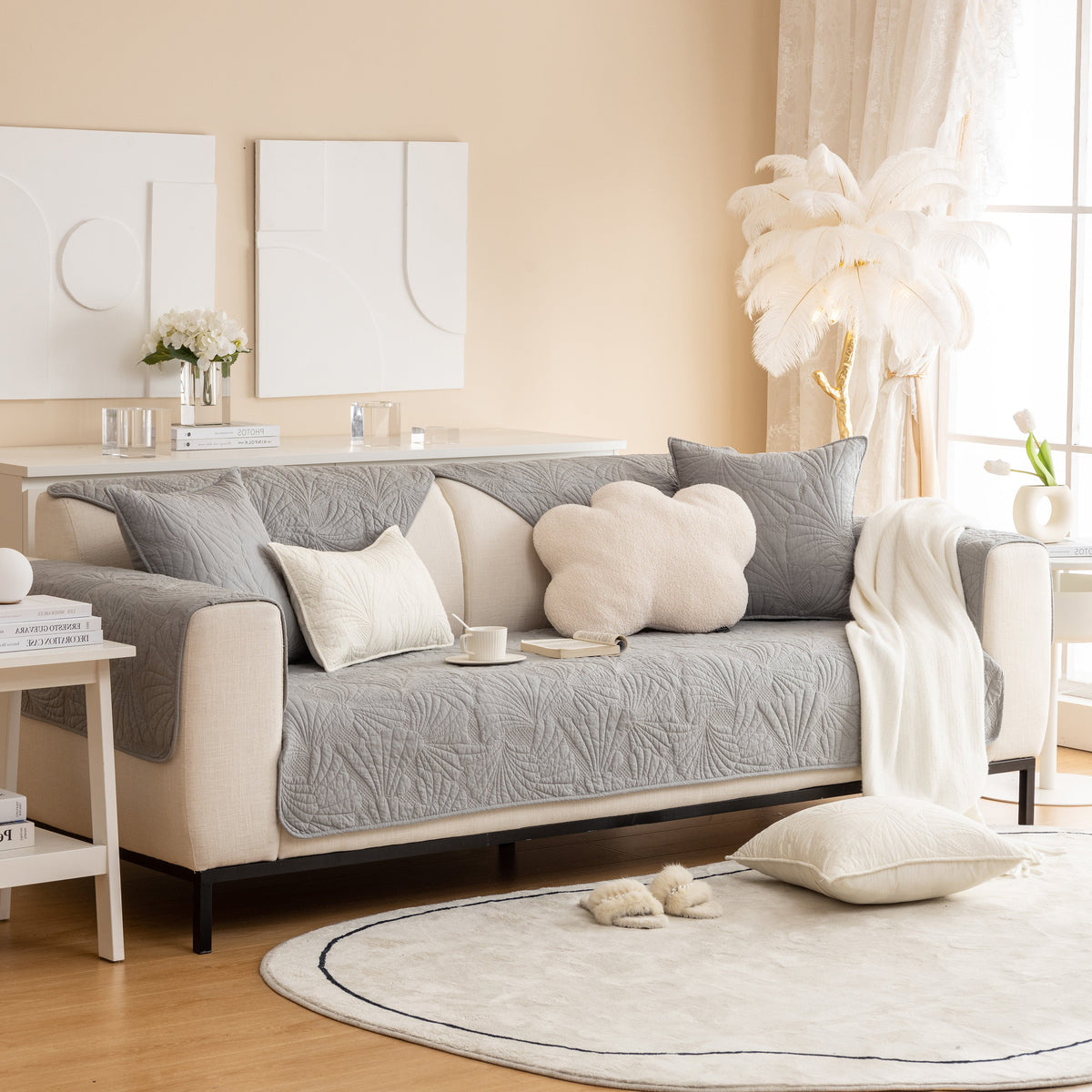 Embossed Leaf Cotton Quilted Sofa Cover Non-Slip Couch Protector with Thick Padding