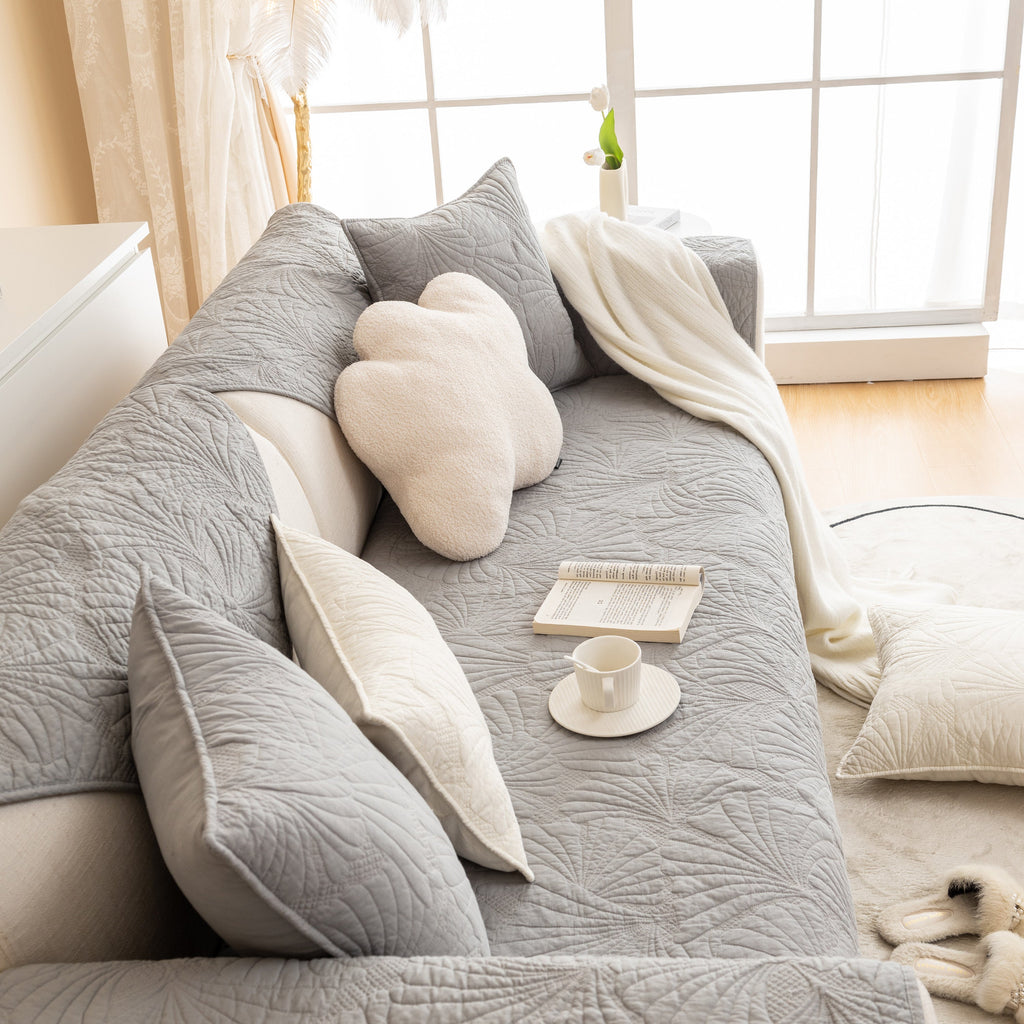 Embossed Leaf Cotton Quilted Sofa Cover Non-Slip Couch Protector with Thick Padding