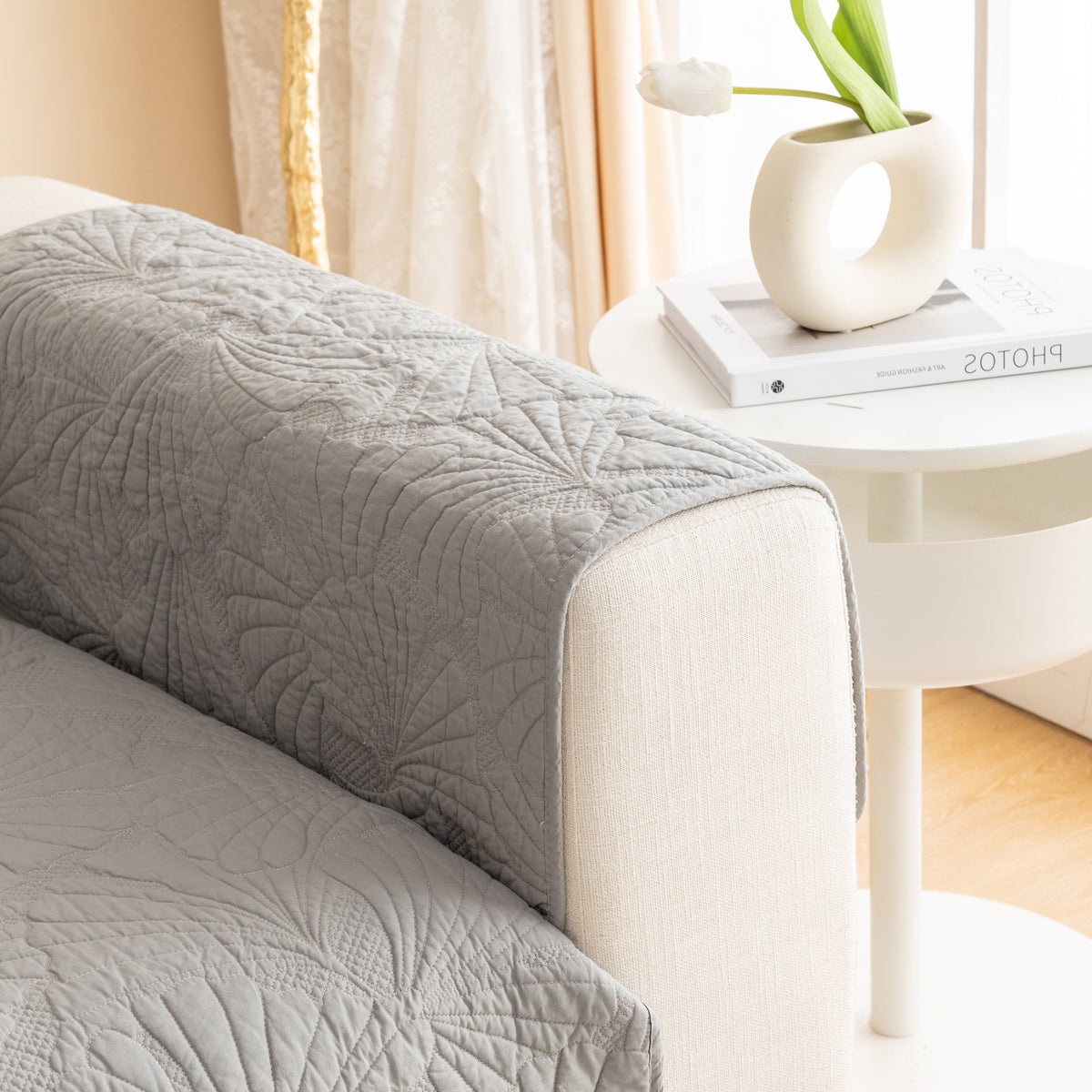 Embossed Leaf Cotton Quilted Sofa Cover Non-Slip Couch Protector with Thick Padding