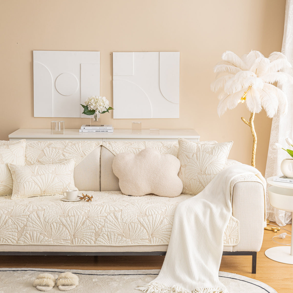 Embossed Leaf Cotton Quilted Sofa Cover Non-Slip Couch Protector with Thick Padding