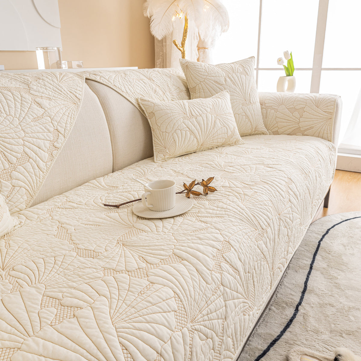 Embossed Leaf Cotton Quilted Sofa Cover Non-Slip Couch Protector with Thick Padding