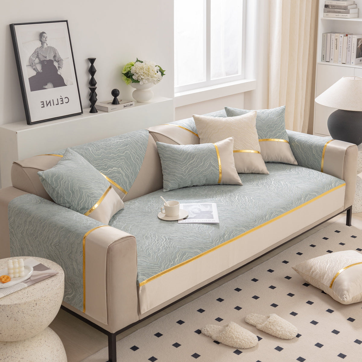 Modular Sofa Cover for Sectionals, Gold Striped Non-Slip Couch Protector
