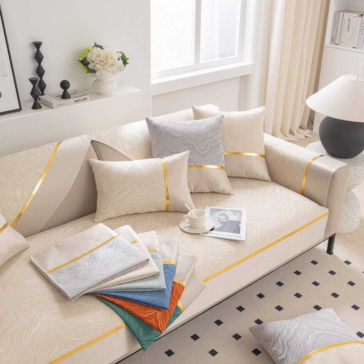 Modular Sofa Cover for Sectionals, Gold Striped Non-Slip Couch Protector
