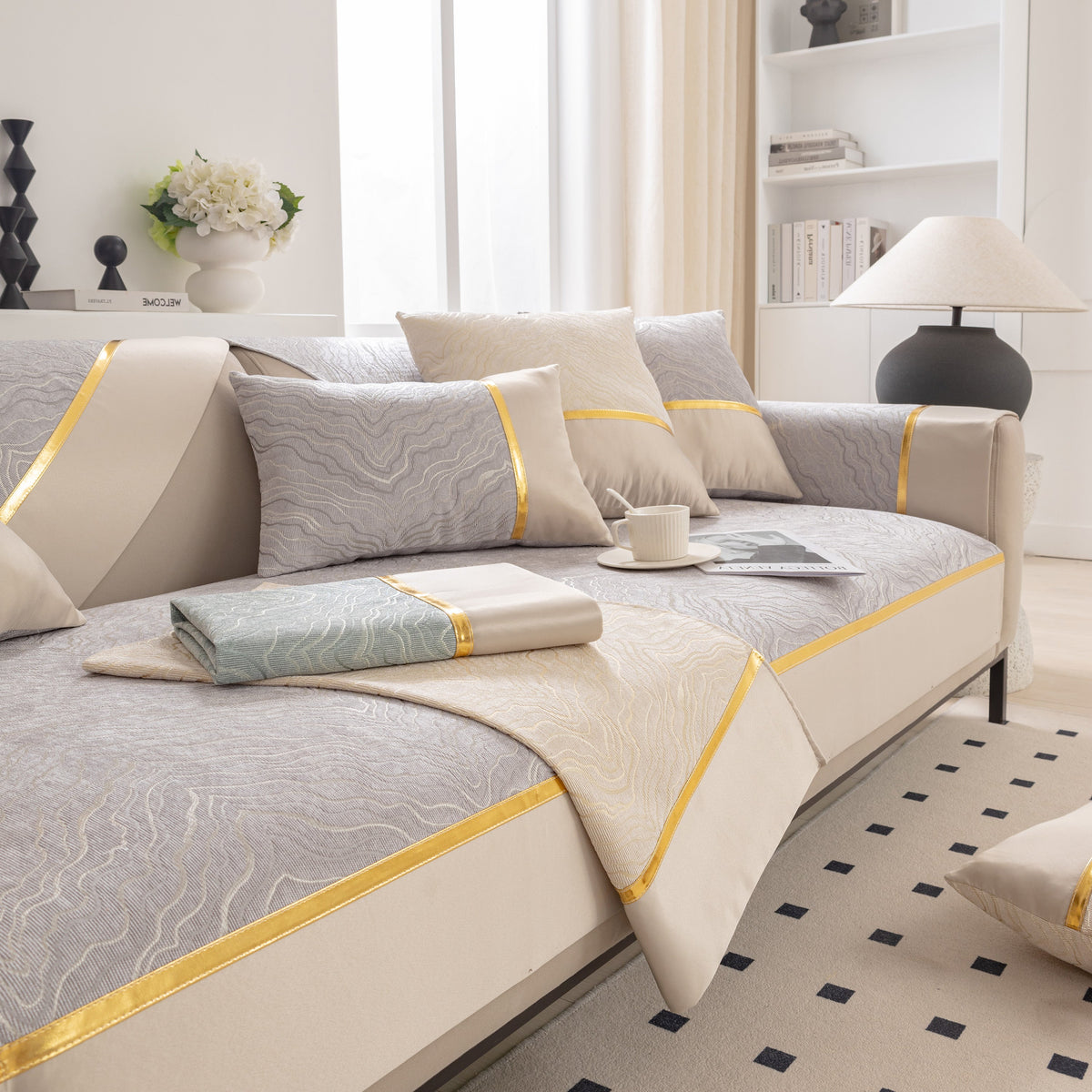 Modular Sofa Cover for Sectionals, Gold Striped Non-Slip Couch Protector