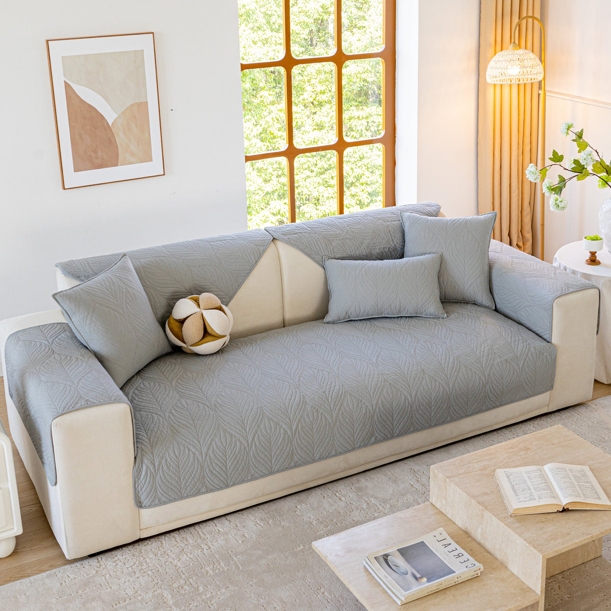 Leaf Vein Textured Cotton Quilted Sofa Slipcover, Non-Slip Modular Couch Covers