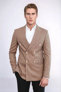 Striped Double Breasted Beige Men Blazer - Wessi