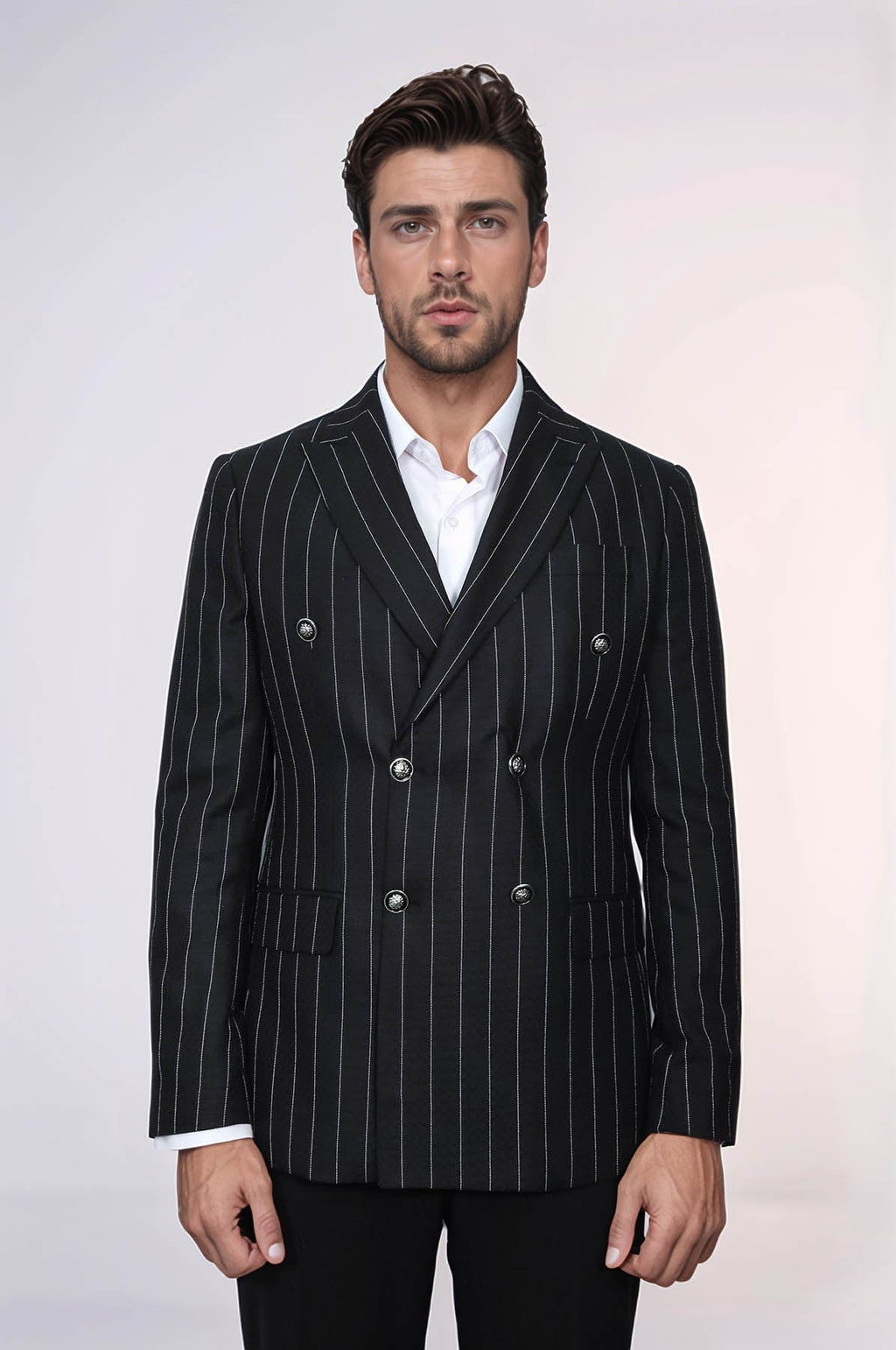 Double Breasted Slim Fit Striped Black Men Blazer - Wessi