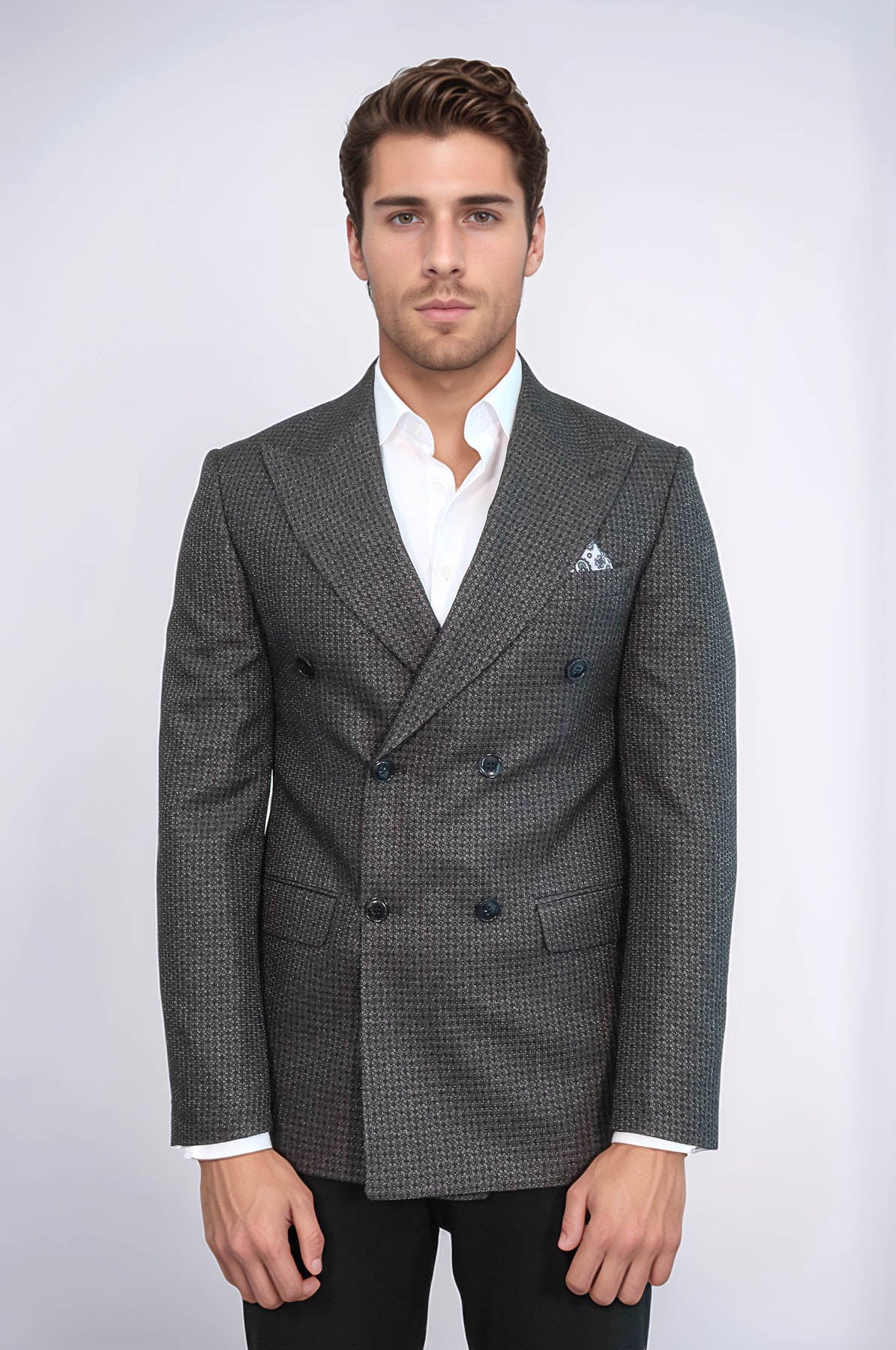 Houndstooth Patterned Grey Men Double Breasted Blazer - Wessi