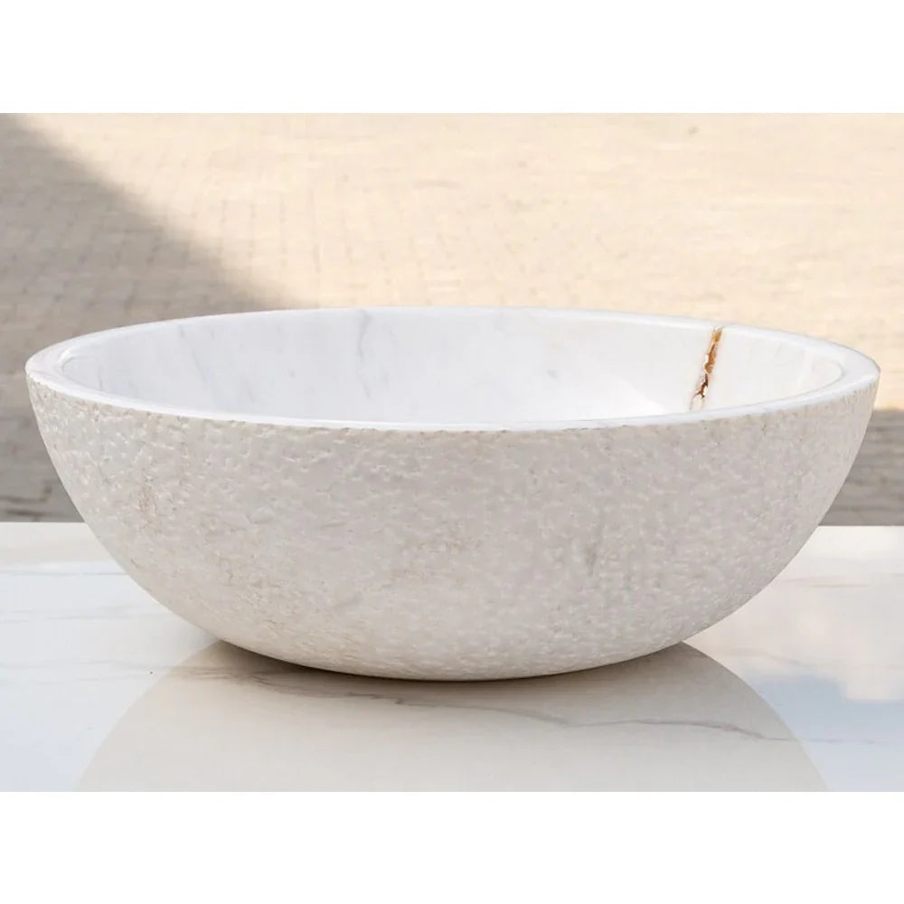Calacatta White Marble Vessel Above Vanity Bathroom Sink Rough Exterior (D)16" (H)5"