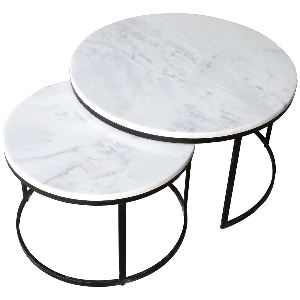 Carrara White Marble Nesting Coffee Table Round Set of 2 Polished