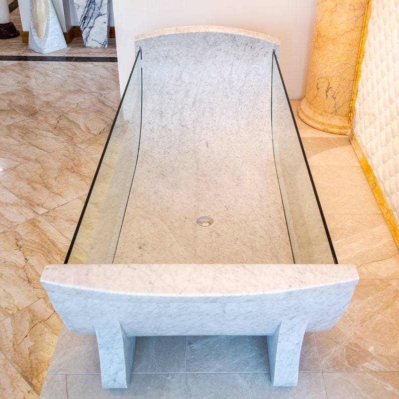 Carrara White Marble Bathtub Strong Tempered Glass Side Walls Polished (W)32" (L)79" (H)24"