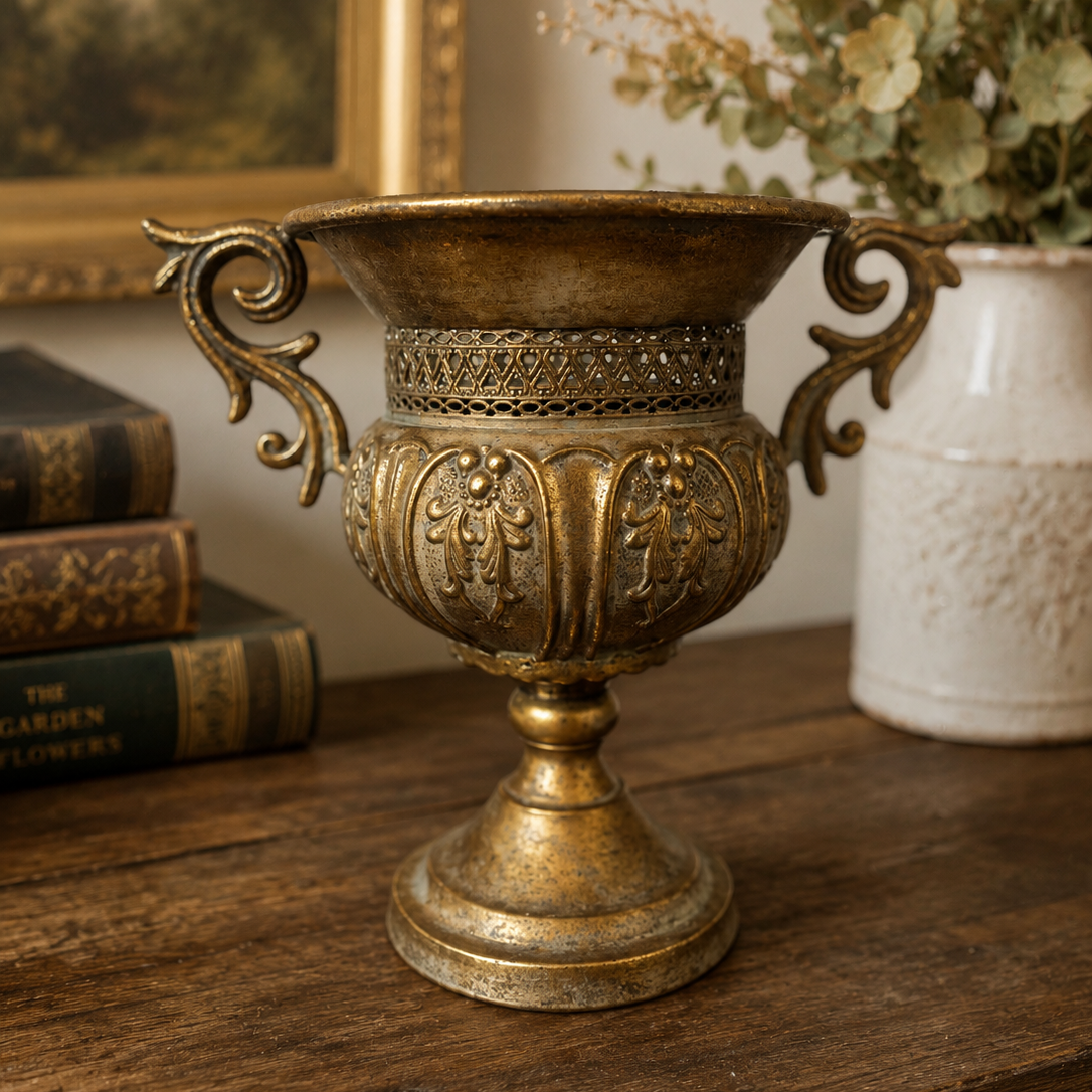 Distressed Pedestal Urn Planter with Ornate Scroll Handles