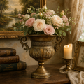 Distressed Pedestal Urn Planter with Ornate Scroll Handles